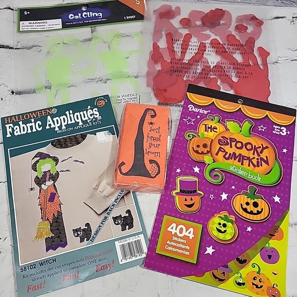 Halloween Kit Lot Rubber Window Clings Fabric Appliques Stickers Tissues Mixed